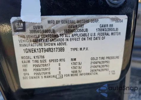 2004 Chevrolet Tahoe K1500 z USA, uszkodzony, nr VIN 1GNEK13T94R317389